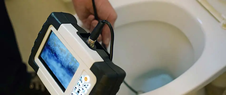 Checking a toilet drain for obstructions with a video enabled drain snake in Lakeland, Florida.