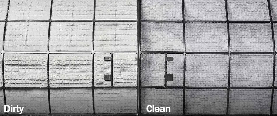 Photo showing differences between dirty and clean air conditioning filters at a home in Plant City, FL.