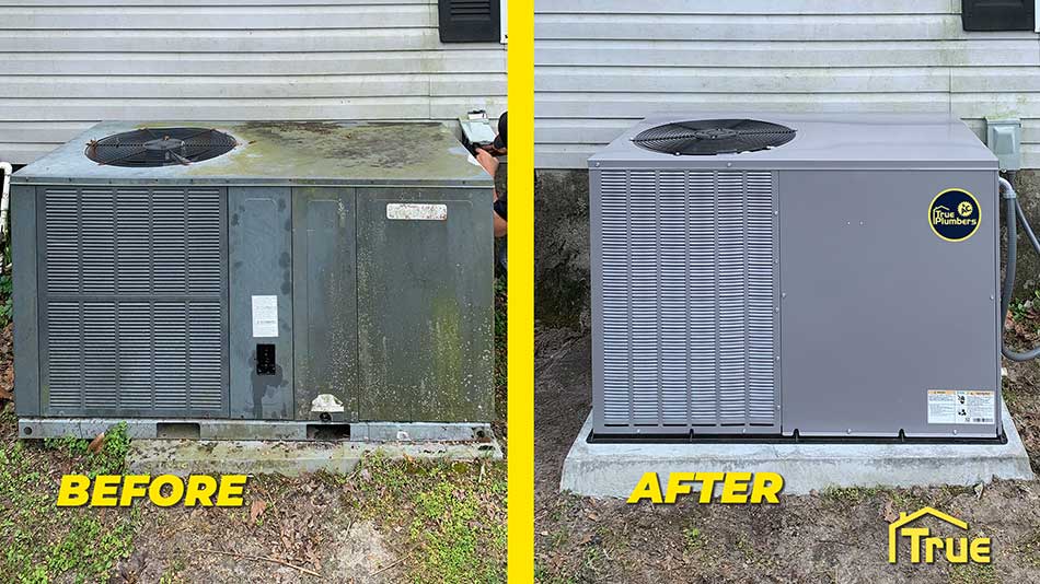 Before and after photo of an air conditioning unit replacement and installation in Plant City, FL.