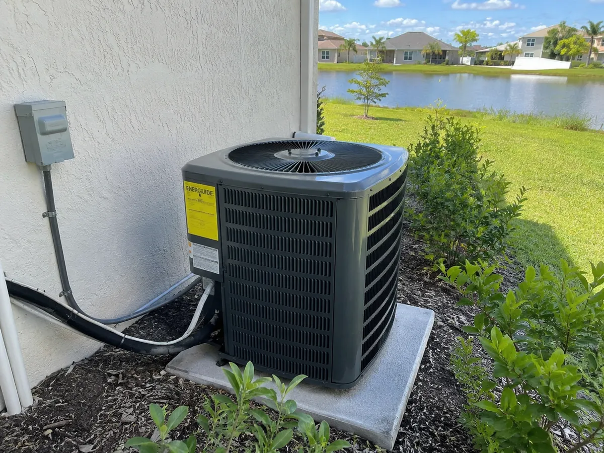 Outdoor air conditioning condenser beside a Florida home on a lakefront lot
