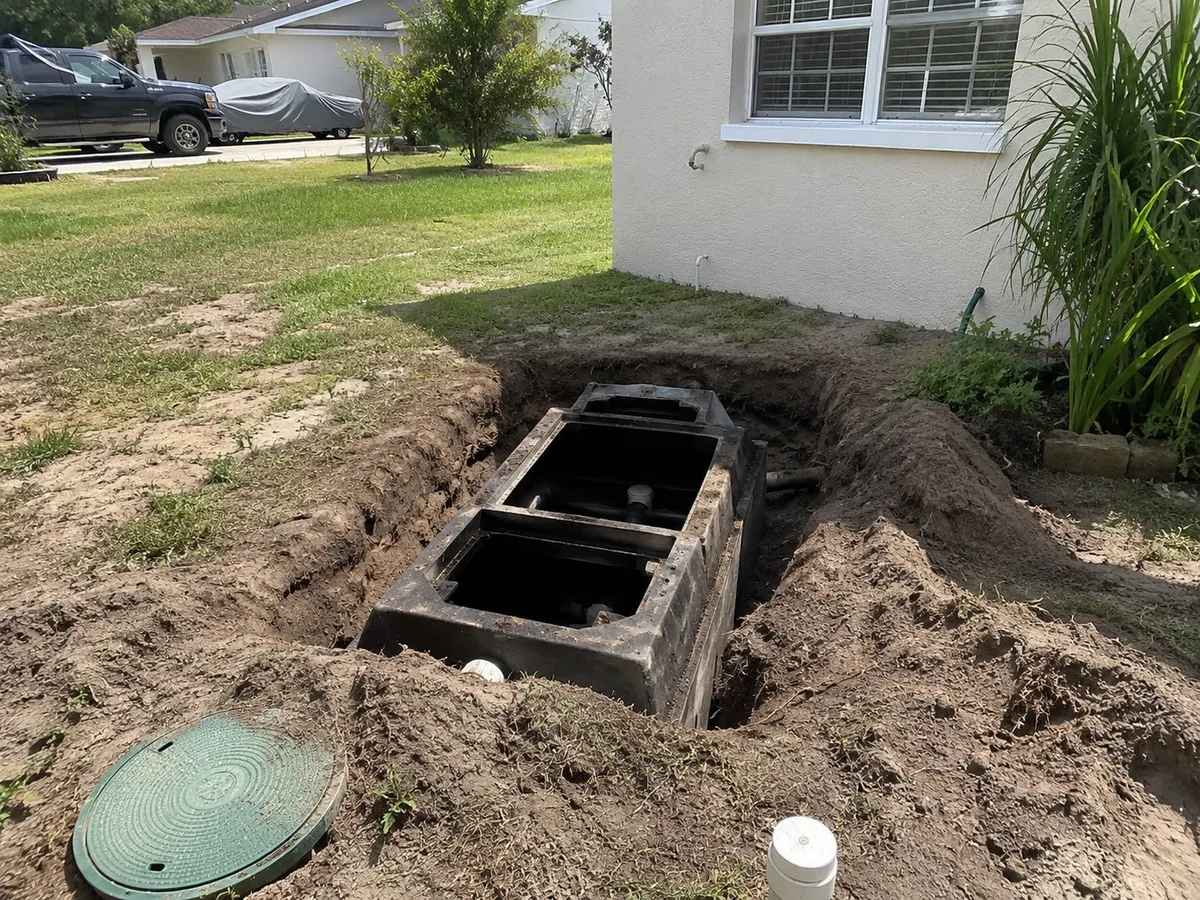 Septic tank uncovered in a residential yard with the lids exposed for service