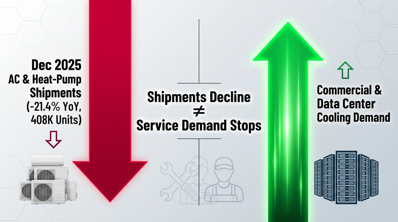 Chart showing December 2025 AC and heat-pump shipments down 21.4 percent while commercial cooling demand rises