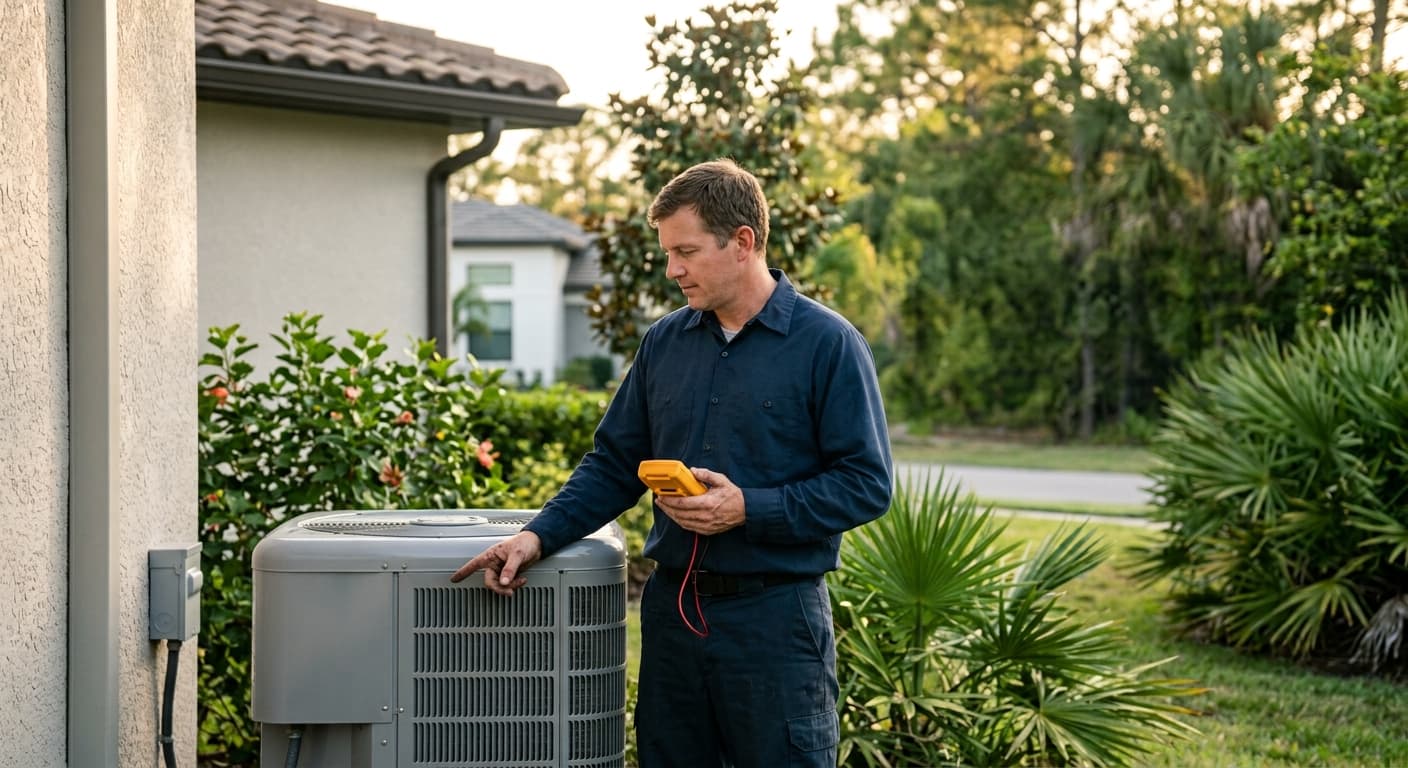 Technician checking an outdoor air conditioner beside a Florida home