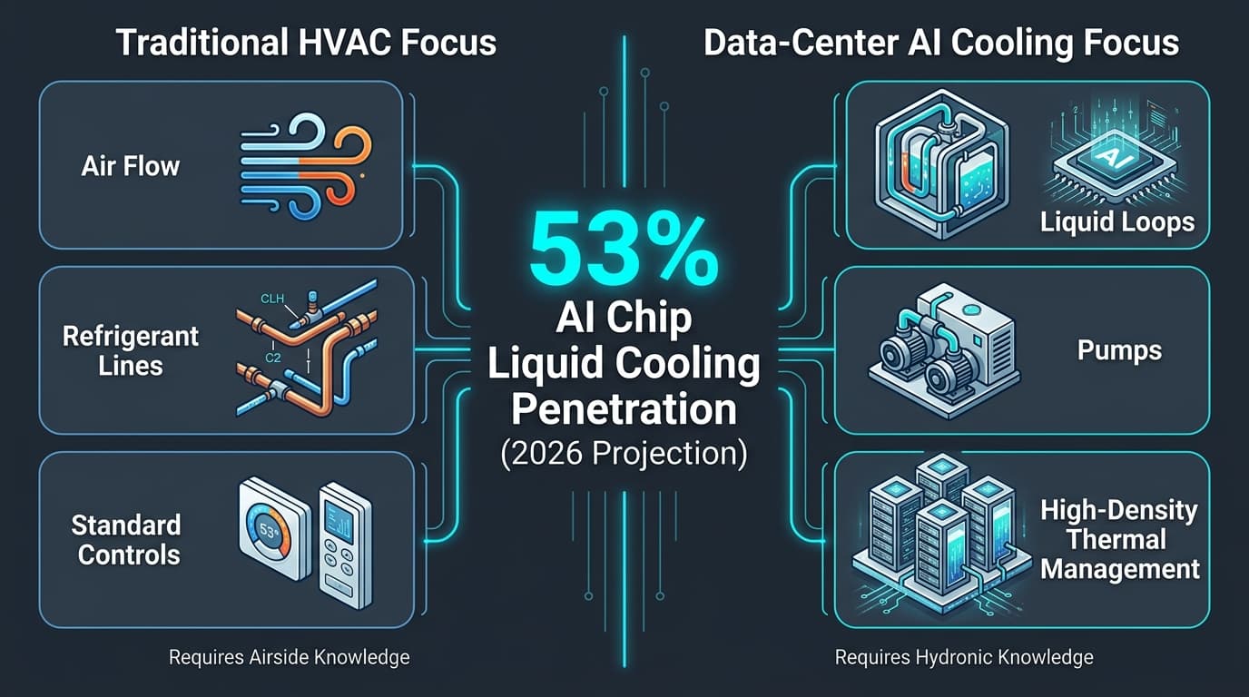 Diagram comparing traditional HVAC skills with data-center liquid cooling at 53 percent AI chip penetration