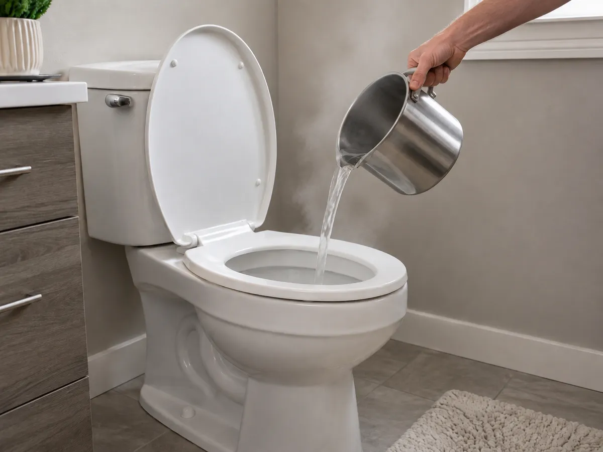 Hot tap water being poured into a toilet bowl from height after dish soap