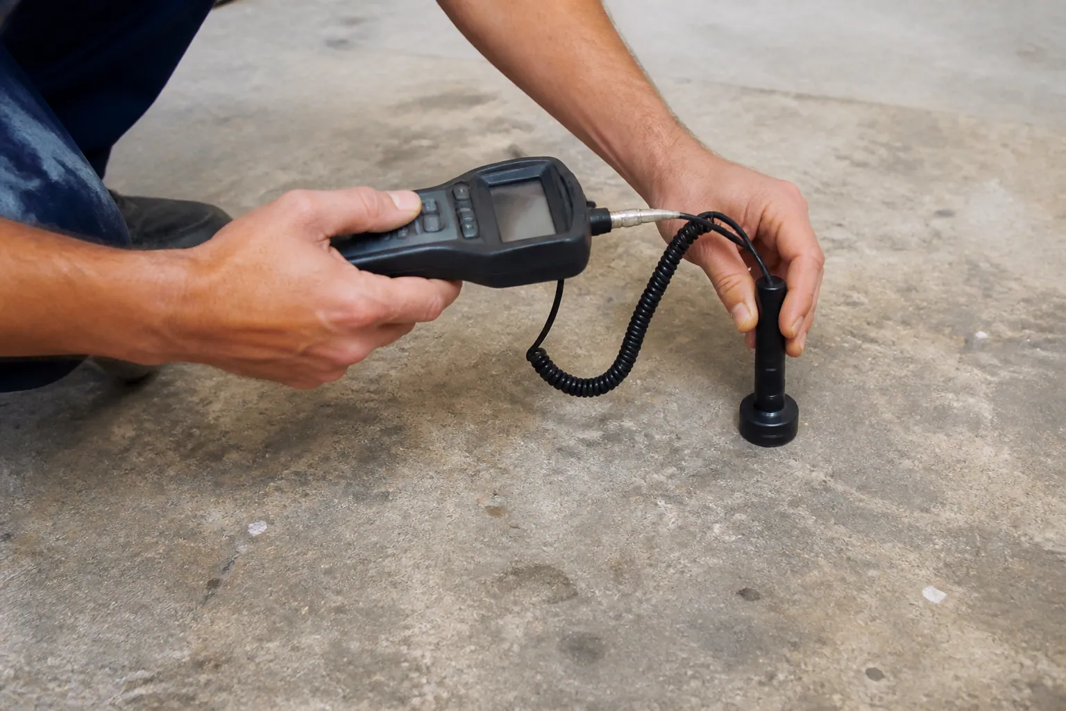 Hands using a moisture meter for leak detection in Lakeland without opening a wall
