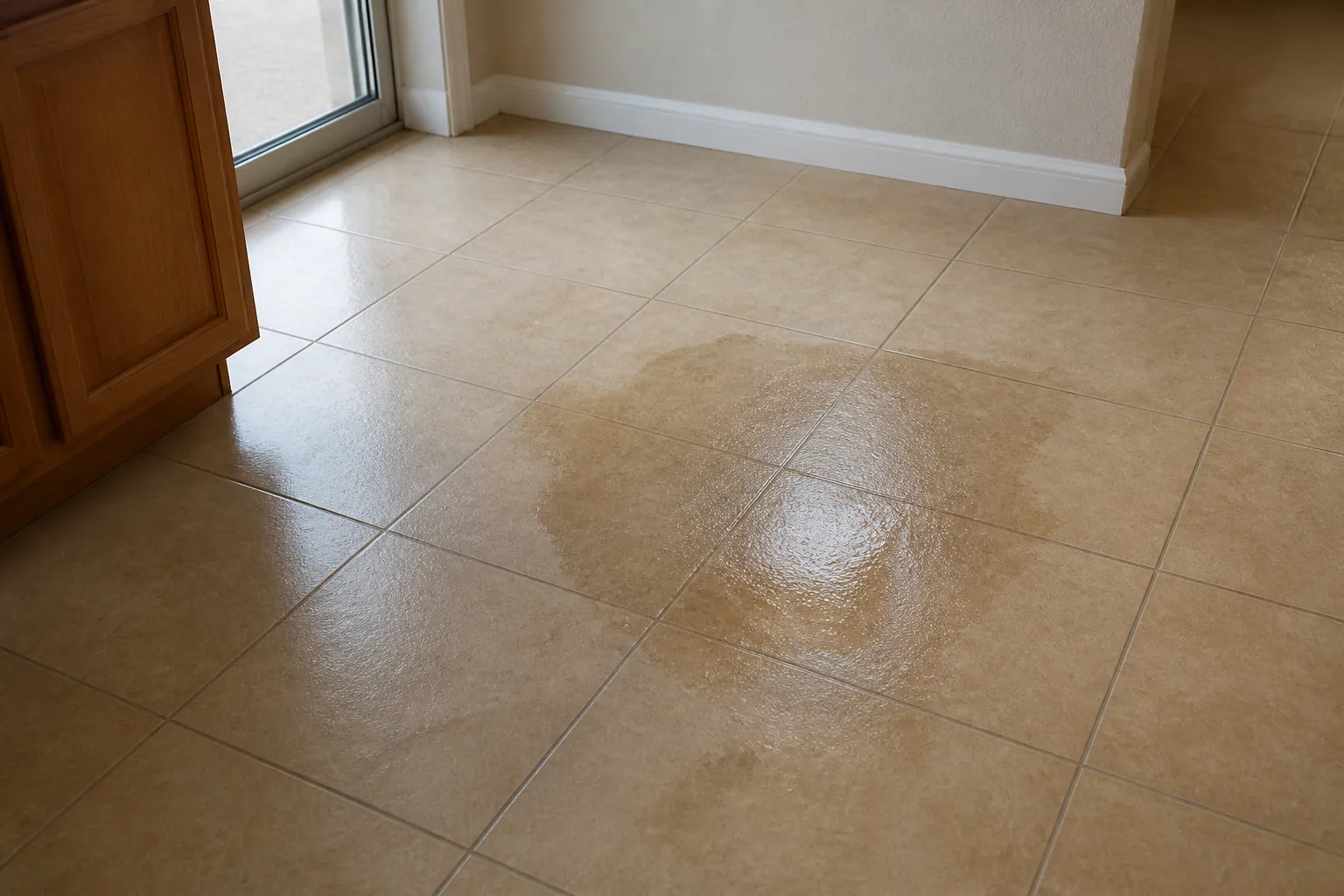Damp floor from a suspected slab leak in a Lakeland slab-on-grade home