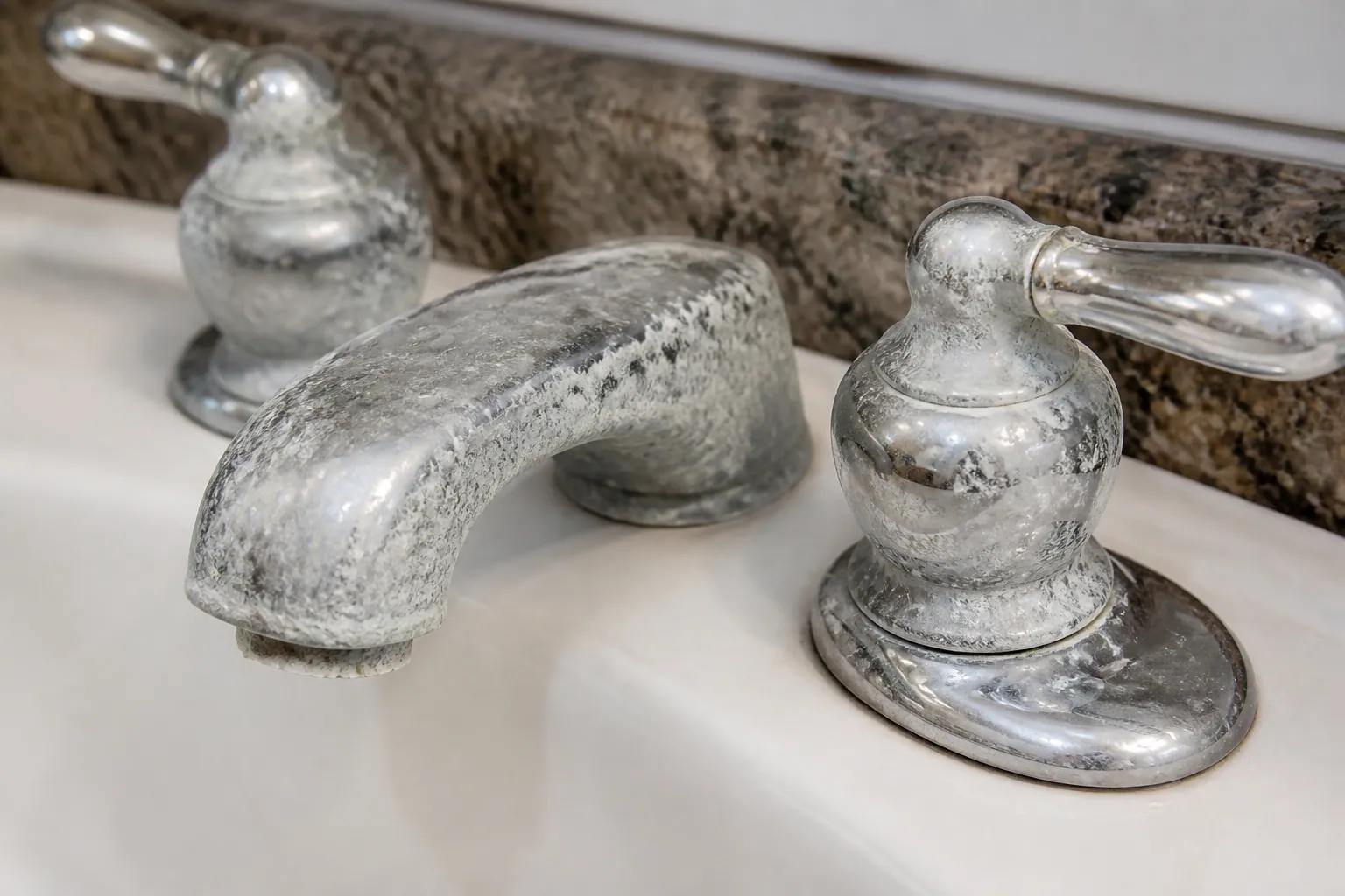 Hard water scale on a Plant City faucet from well water and Floridan Aquifer minerals
