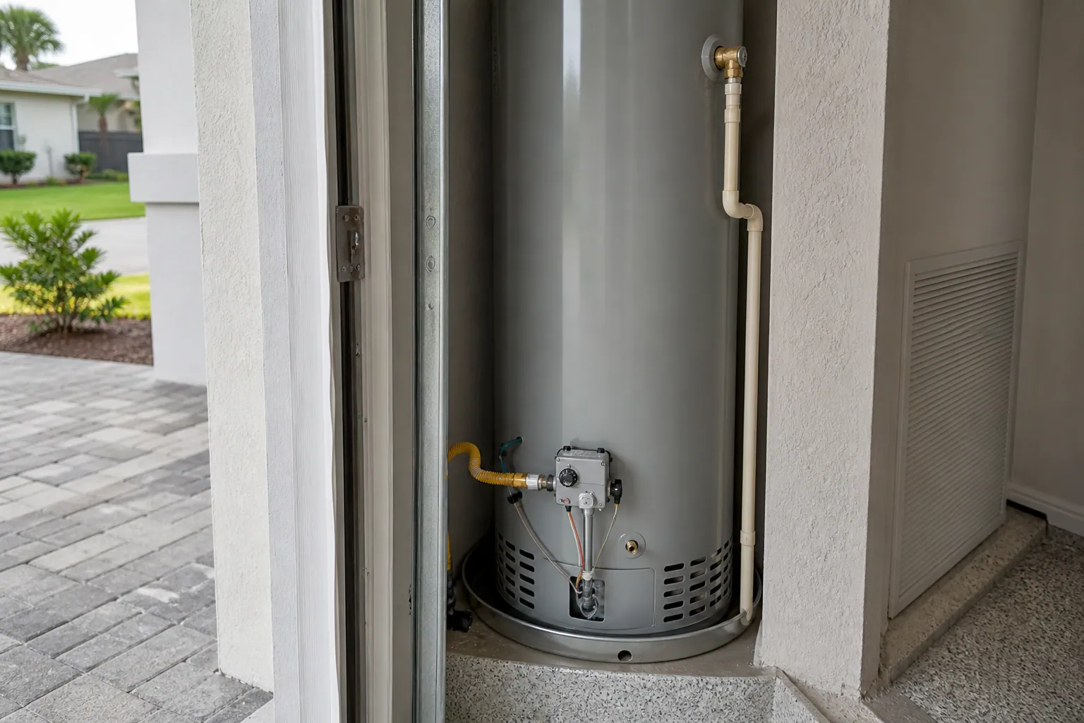 New tank water heater install in a Lakeland garage, the kind of plumbing work that needs a permit